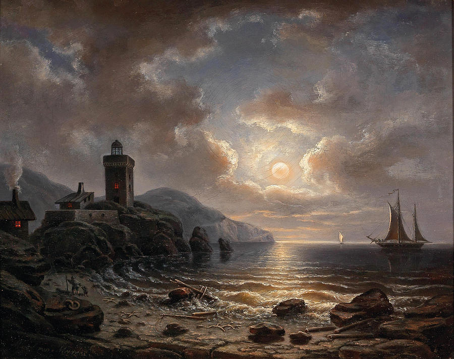 Coast at Night with Lighthouses Painting by Albert de Marees
