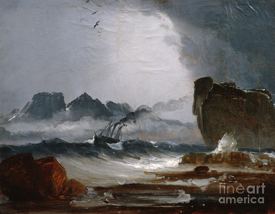 Coast landscape with ship Painting by Peder Balke