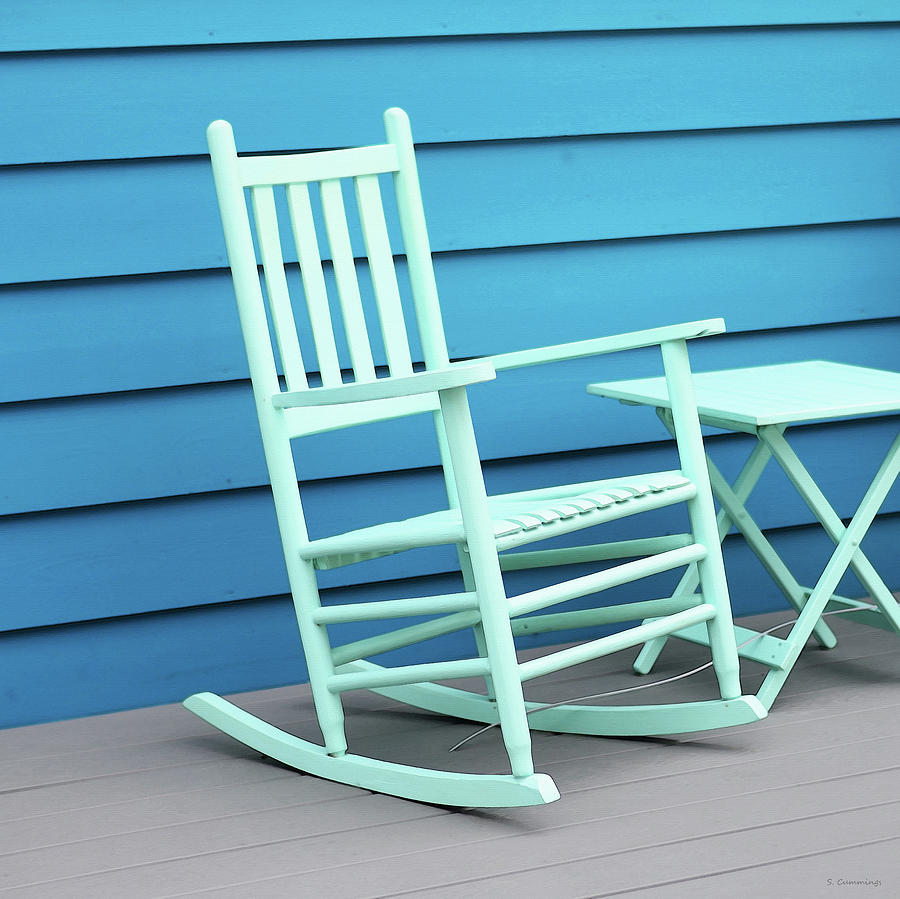 Coastal Beach Art - Blue Rocking Chair - Sharon Cummings Painting by Sharon Cummings