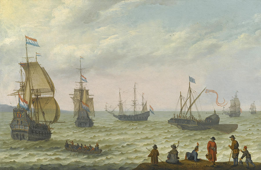 Coastal Landscape with Dutch Shipping in Choppy Seas Painting by Abraham Willaerts