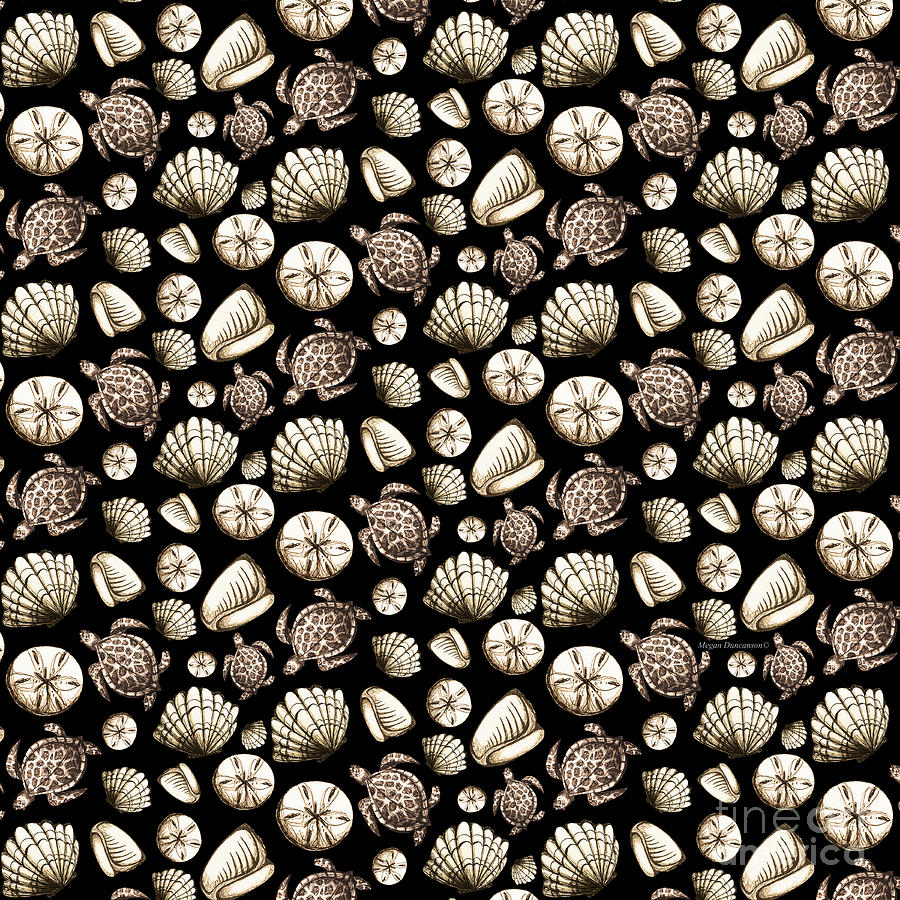 Coastal Pattern Seashells And Turtles Sepia on Black by Megan Duncanson Mixed Media by Megan Aroon
