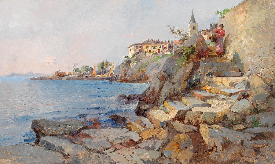 Coastal Scene at Lovrana. Istria Painting by Lea von Littrow