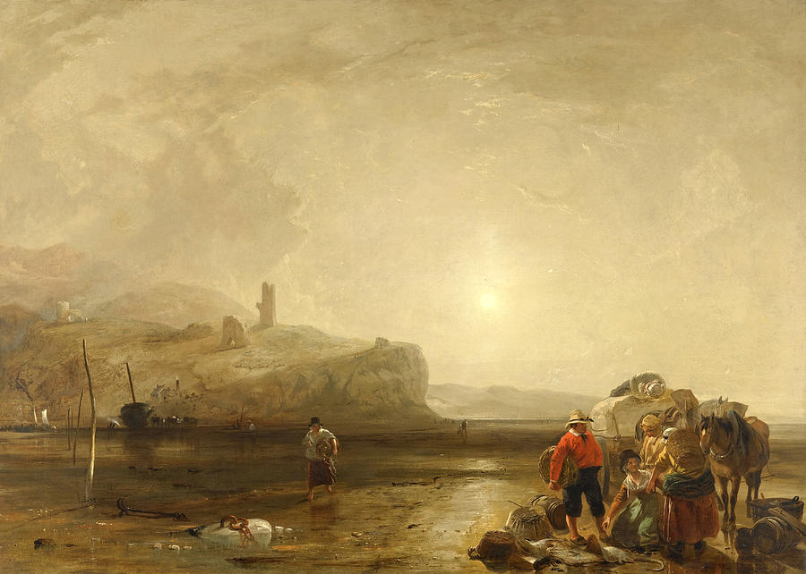 Augustus Wall Callcott Painting - Coastal Scene with Figures Bargaining for Fish by Augustus Wall Callcott