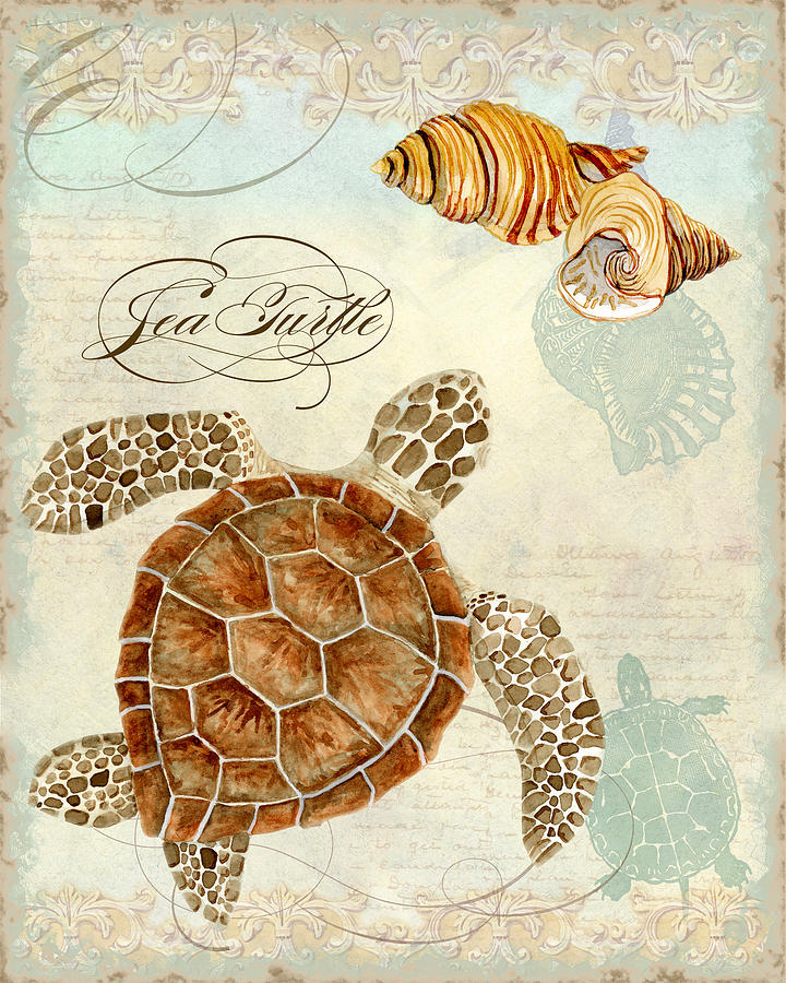 Coastal Waterways - Green Sea Turtle Rectangle 2 Painting by Audrey Jeanne Roberts