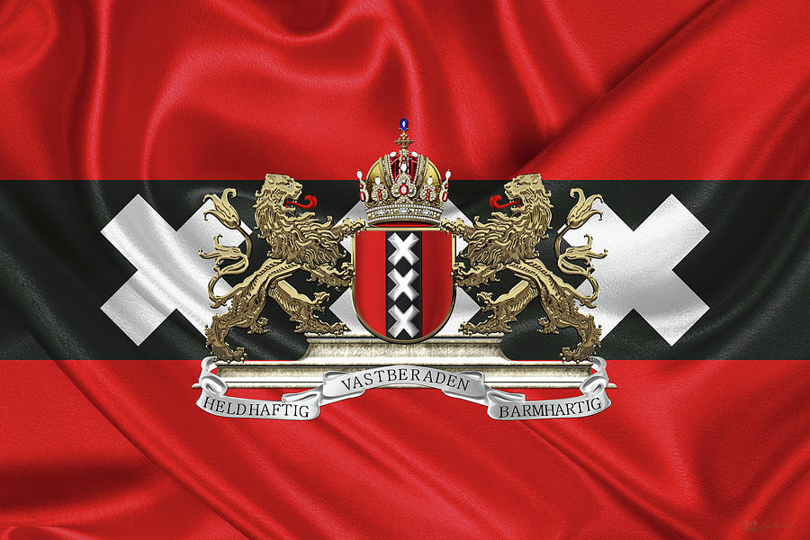Amsterdam Digital Art - Coat of arms of Amsterdam over Flag of Amsterdam by Serge Averbukh