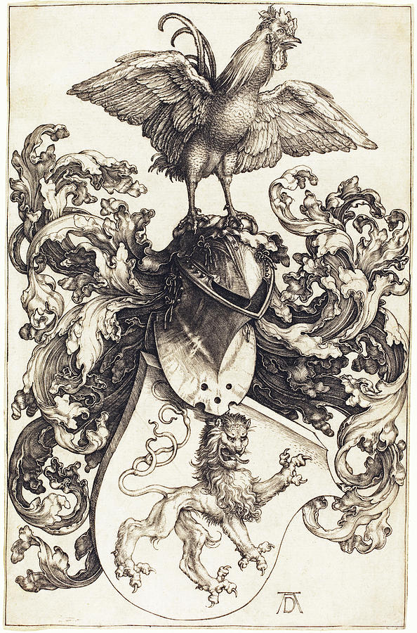 Coat of Arms with a Lion and a Cock Drawing by Albrecht Durer