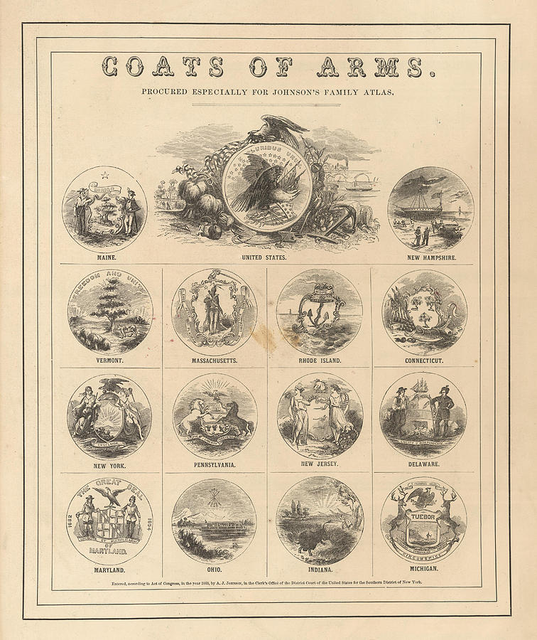 Vintage Drawing - Coats of arms of the states of the USA - Plate 1 - Historical map by Studio Grafiikka