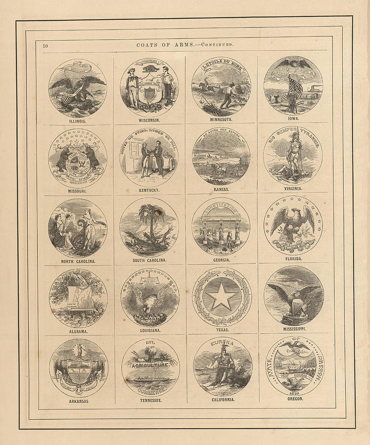 Vintage Drawing - Coats of arms of the states of the USA - Plate 2 - Historical map by Studio Grafiikka