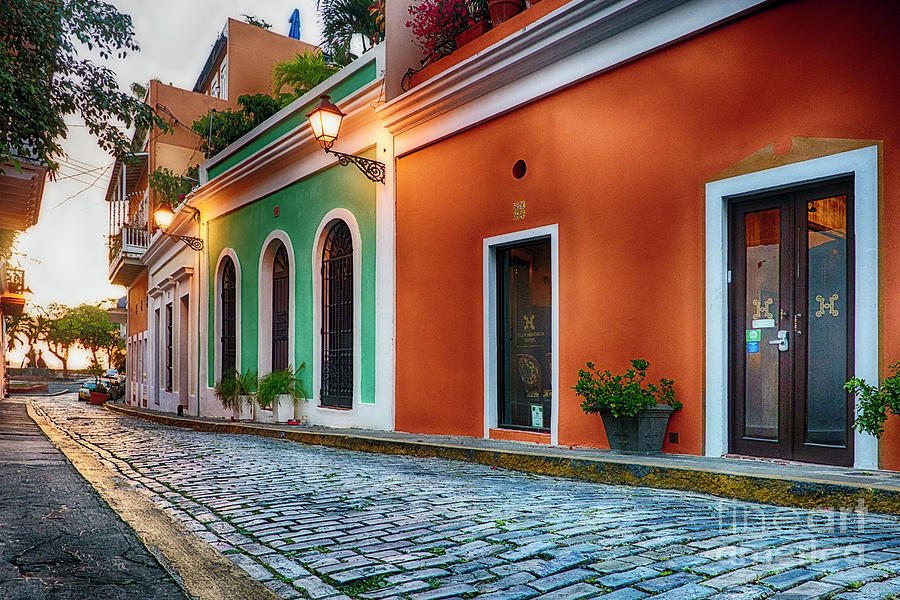 Architecture Photograph - Cobblestone Street At Sunset, Old San Juan, Puerto Rico by George Oze