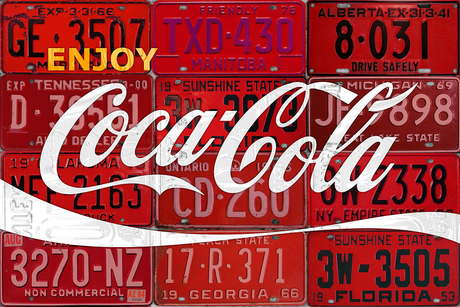 Vintage Mixed Media - Coca Cola Enjoy Soft Drink Soda Pop Beverage Vintage Logo Recycled License Plate Art by Design Turnpike