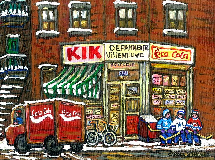 City Scene Painting - Coca Cola Truck Rue Villeneuve Kik Cola Depanneur Montreal Hockey Art Best Canadian Paintings by Carole Spandau