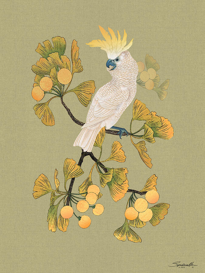 Parrot Digital Art - Cockatoo And Ginkgo Tree by M Spadecaller Parrot Digital Art - Cockatoo And Ginkgo Tree by M Spadecaller