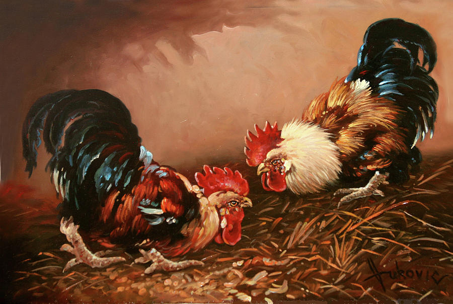 Chicken Painting - Cockflight - Male Conversation by Dusan Vukovic