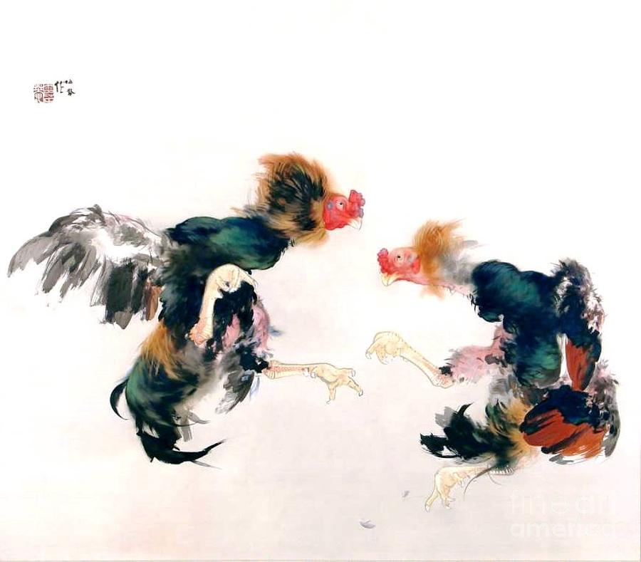 Cocks fighting Painting by Thea Recuerdo