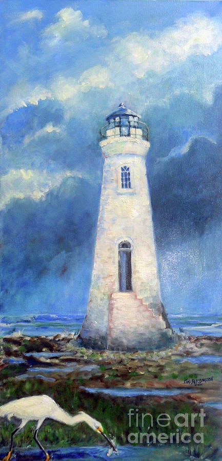 Egret Painting - Cockspur Lighthouse and Egret by Doris Blessington