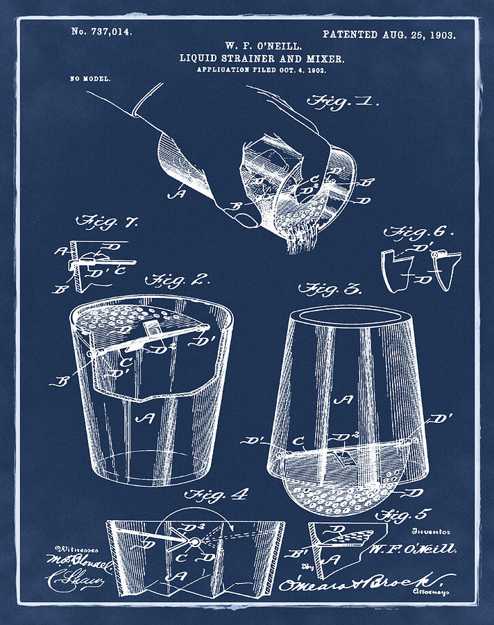 Martini Drawing - Cocktail Mixer Patent 1903 in Blue by Bill Cannon