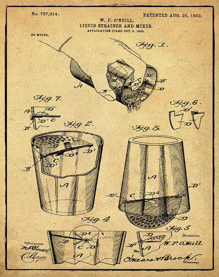Cocktail Mixer Patent 1903 in Sepia Drawing by Bill Cannon