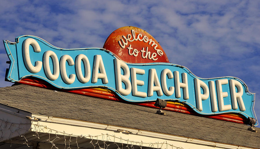 Vintage Sign Photograph - Cocoa Beach Pier Sign by David Lee Thompson