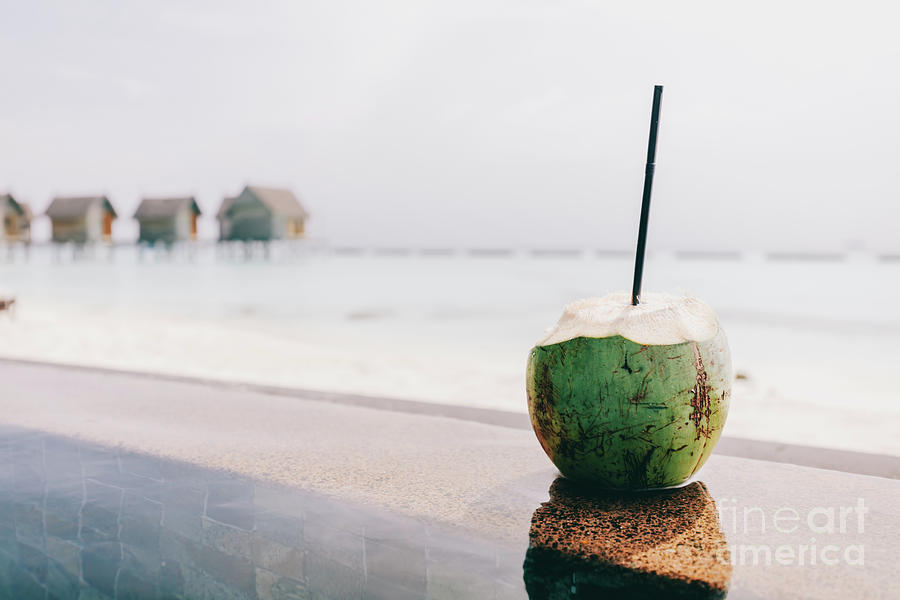 Coconut with a straw standing. Ocean view Photograph by Michal Bednarek