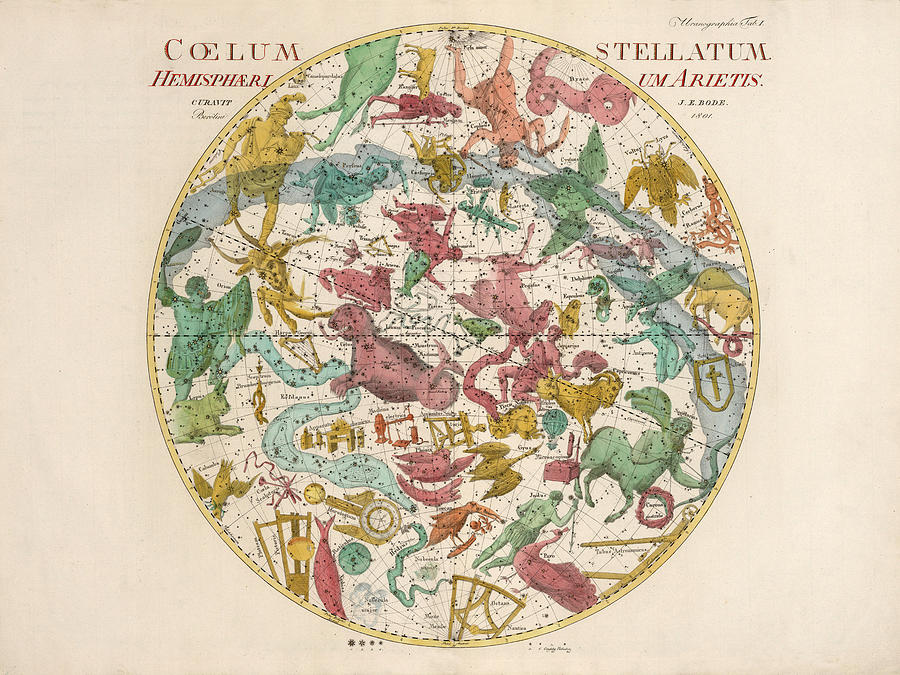 Coelum Stellatum - Map Of The Sky - The Heavens - Constellations - Celestial Chart - Astronomy Drawing