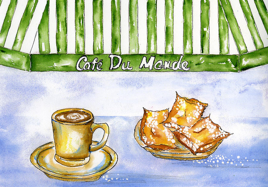 Coffee Painting - Coffee and Beignets on Blue by Catherine Wilson
