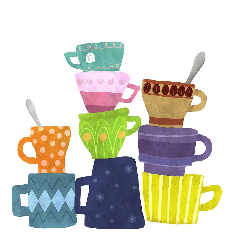 Cup Painting - Coffee And Tea Cups And Mugs Stacked High  by Little Bunny Sunshine