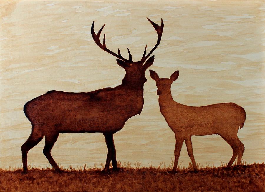 Coffee painting Deer Love Painting by Georgeta  Blanaru