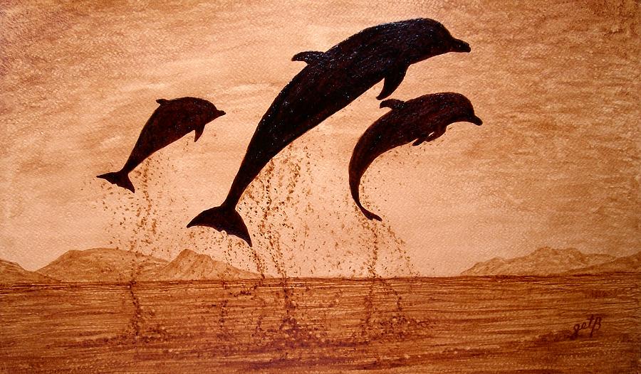 Coffee Painting Dolphins Playing Painting by Georgeta  Blanaru