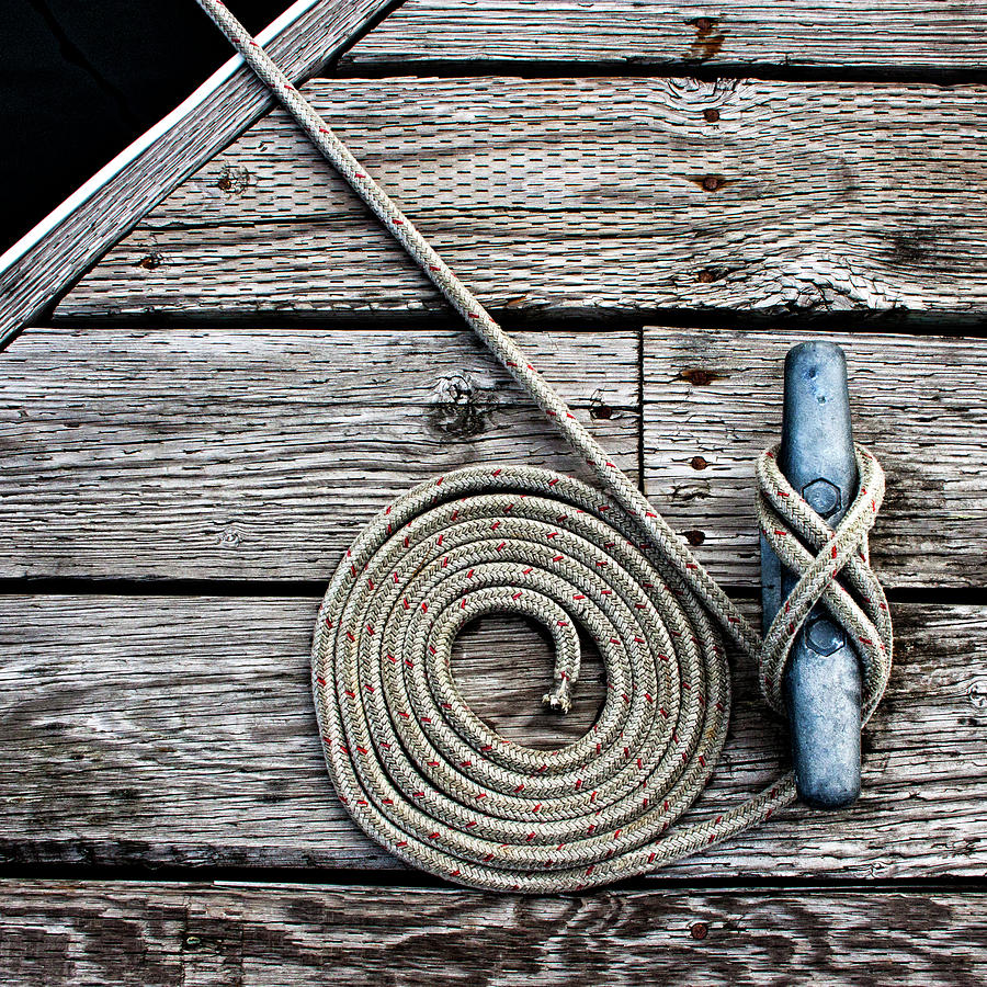 Rope Photograph - Coiled Mooring Line and Cleat Square Version by Carol Leigh