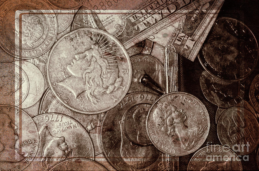 Vintage Photograph - Coins and Bills with Texture by Kathleen K Parker