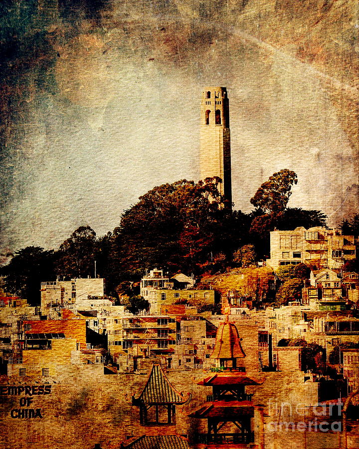 Coit Tower The Empress of China and Moon . texture Photograph by Wingsdomain Art and Photography