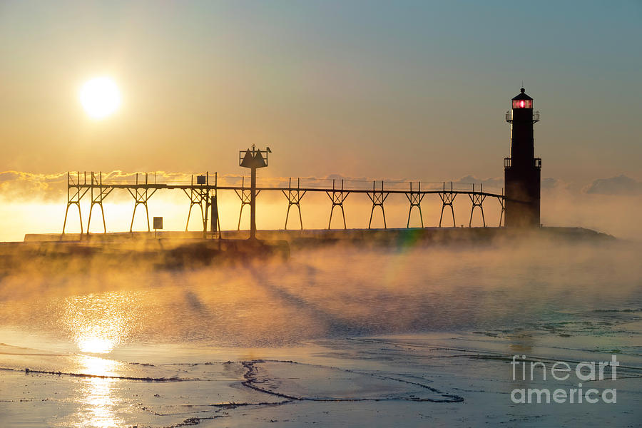 Cold steaming Lake Michigan at Sunrise with iconic Algoma Wisconsin ...