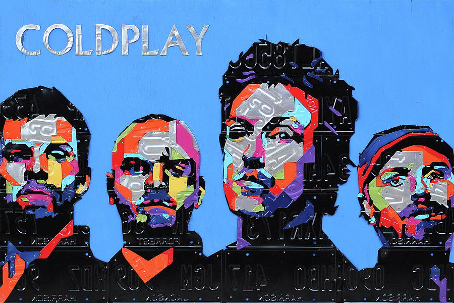 Coldplay Band Portrait Recycled License Plates Art on Blue Wood Mixed Media by Design Turnpike