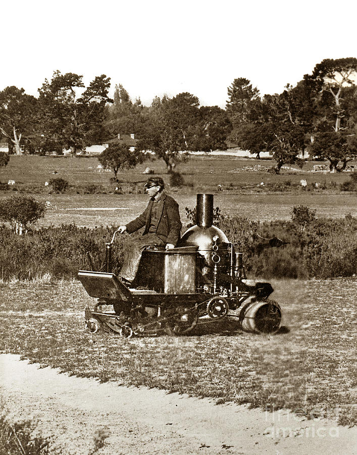 Golf Photograph - Coldwell Steam powerd lawn more and Roller circa 1902 by Monterey County Historical Society