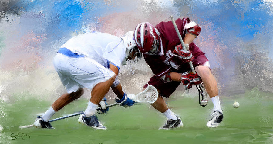 Sports Painting - College Lacrosse Faceoff 4 by Scott Melby