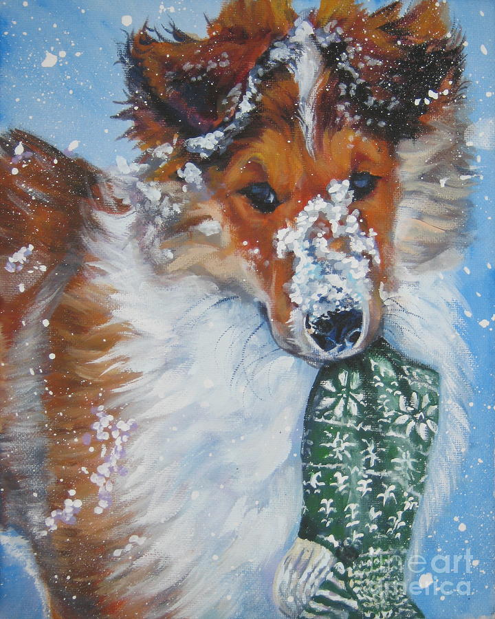 Collie puppy with Xmas stocking Painting by Lee Ann Shepard