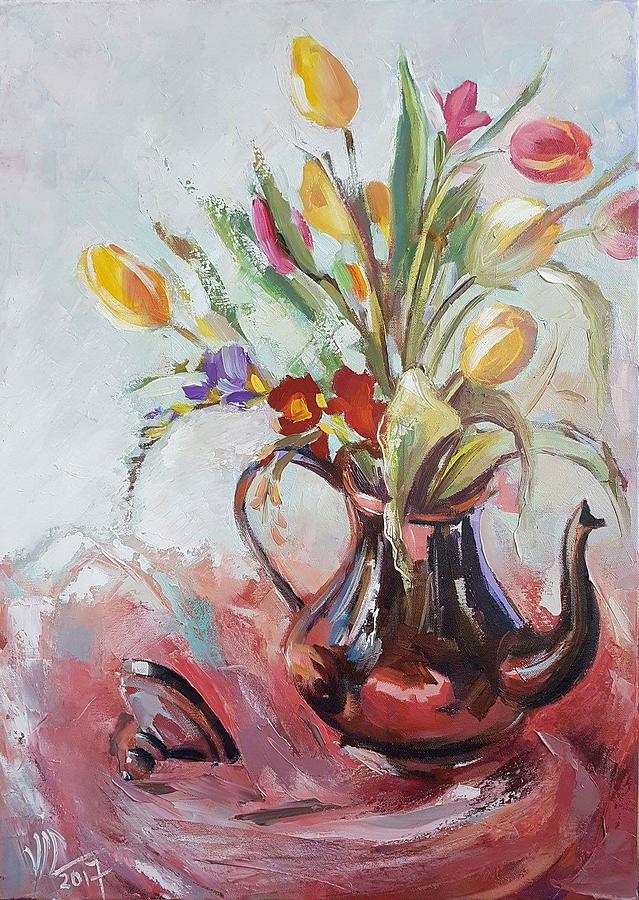 Tulip Painting - Coloreful tulips in a cupper teapot by Vali Irina Ciobanu