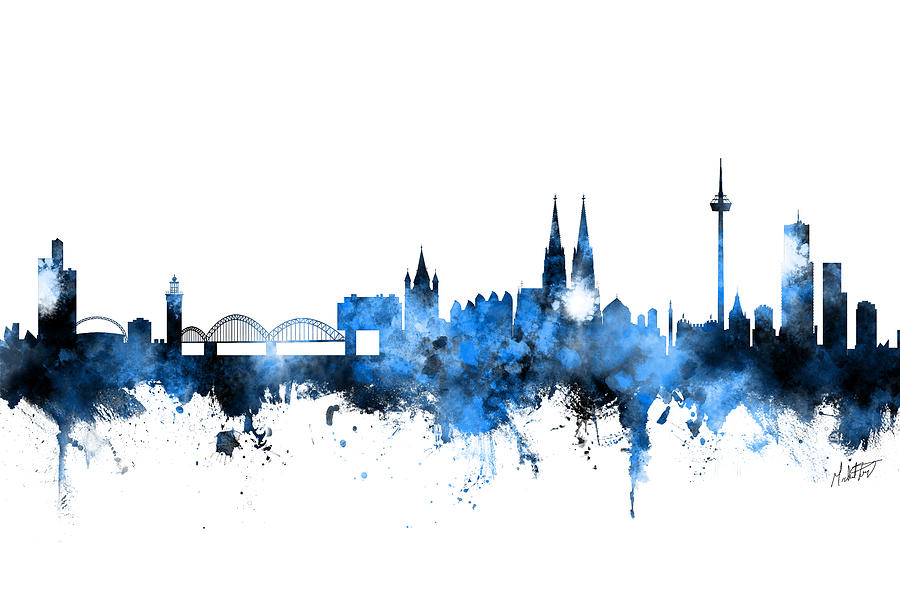 Cologne Germany Skyline Blue Signed Digital Art by Michael Tompsett