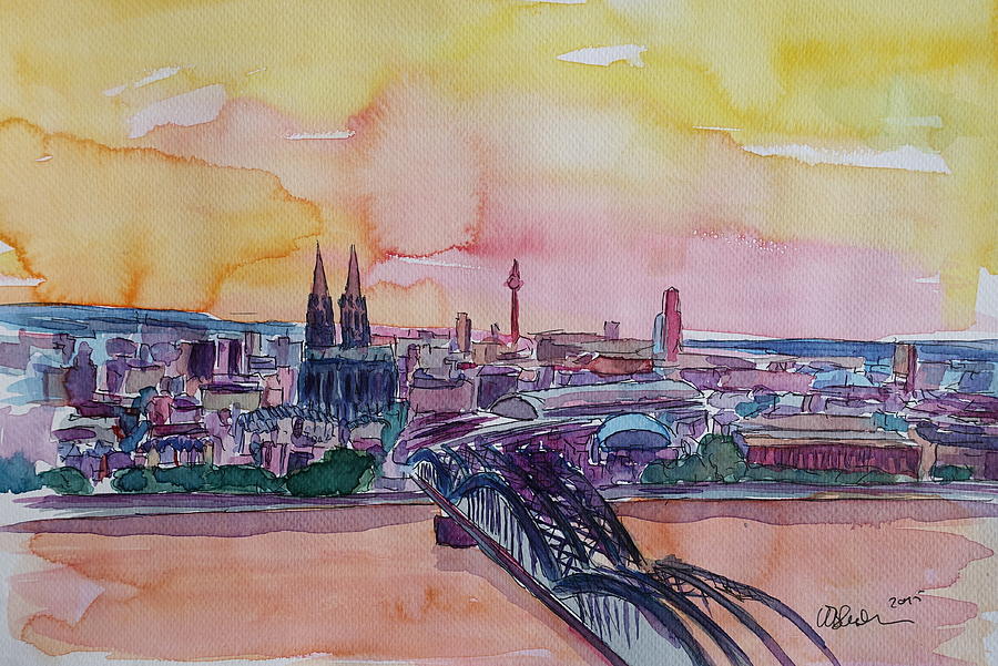 Cologne Painting - Cologne Skyline with Deutz Bridge and Rhine II  by M Bleichner