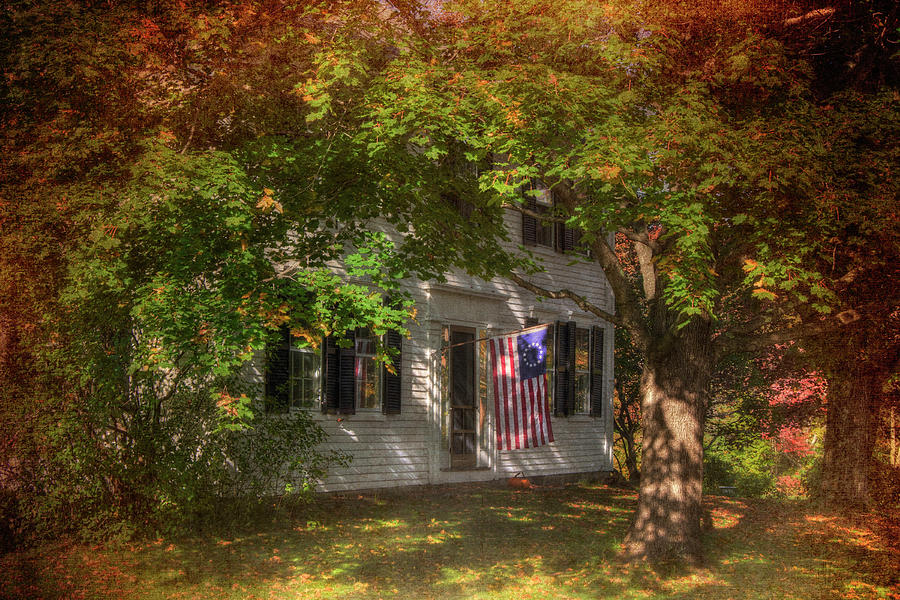 Colonial Home With Flag In Autumn Photograph