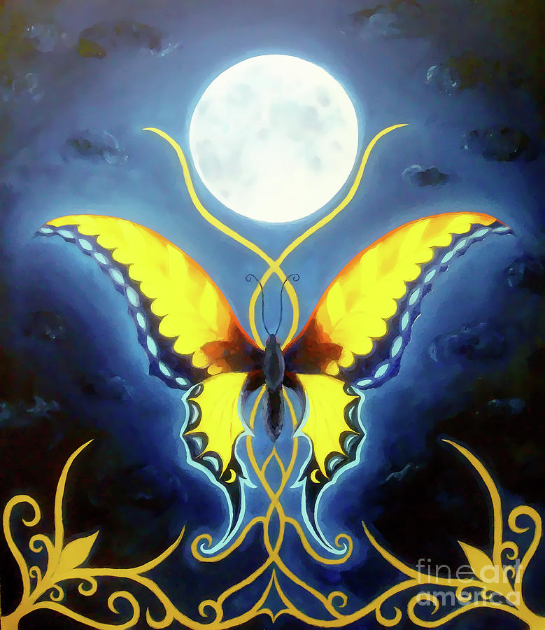 Color Butterfly With Ornament And Night Sky With Moon In Background Painting By Jozef Klopacka