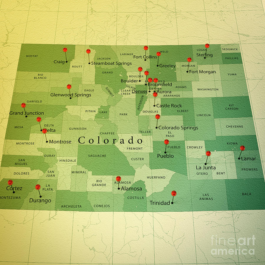 Colorado Map Square Cities Straight Pin Vintage Digital Art by Frank Ramspott