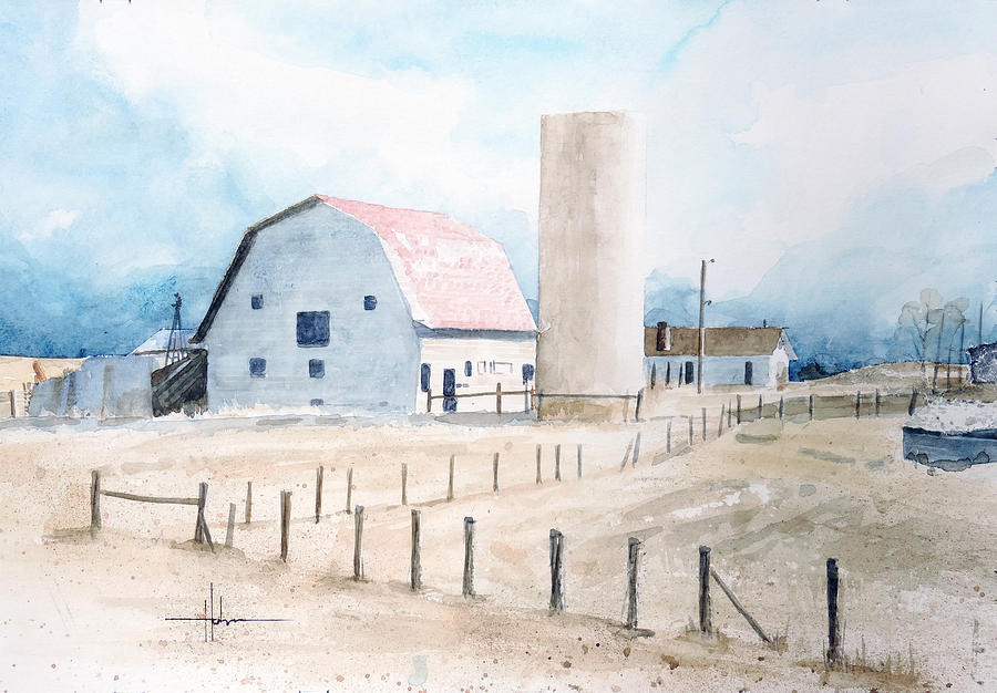 Watercolor Painting - Colorado Red Roof Barn and Silo by Richard Hahn