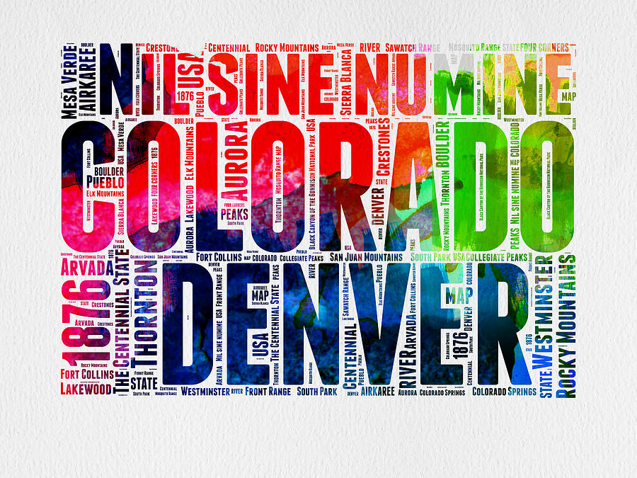 Connecticut Map Digital Art - Colorado Watercolor Word Cloud Map  by Naxart Studio