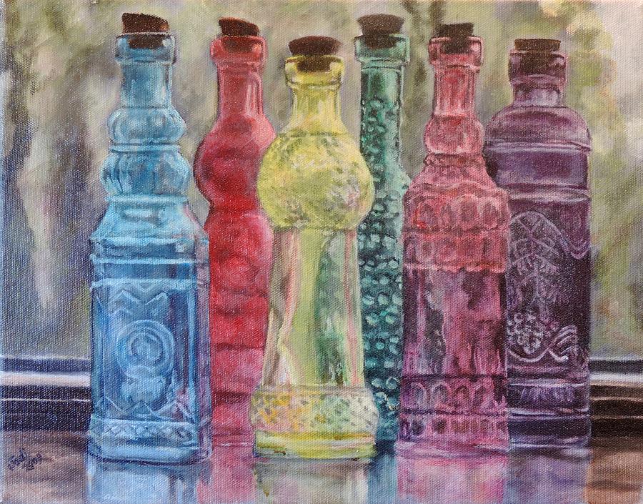 Colored Glass Bottles Painting by Jodi Higgins
