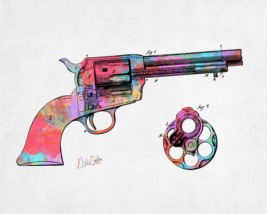 Colorful 1875 Colt Peacemaker Revolver Patent Minimal Digital Art by Nikki Marie Smith