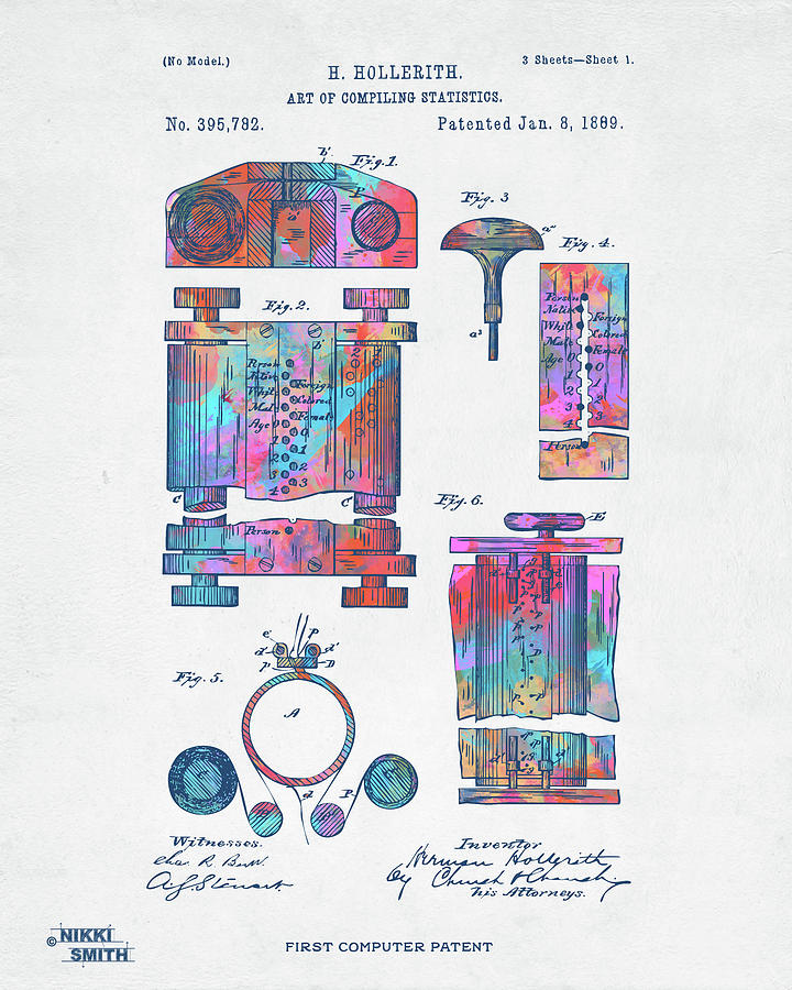 Vintage Digital Art - Colorful 1889 First Computer Patent by Nikki Marie Smith