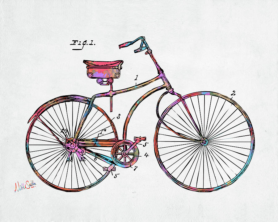 Colorful 1890 Bicycle Patent Minimal Digital Art by Nikki Marie Smith