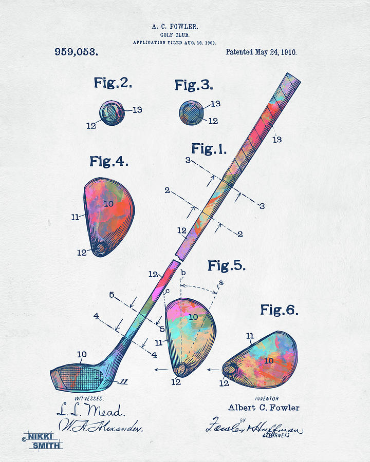 Colorful 1910 Golf Club Patent Digital Art by Nikki Marie Smith