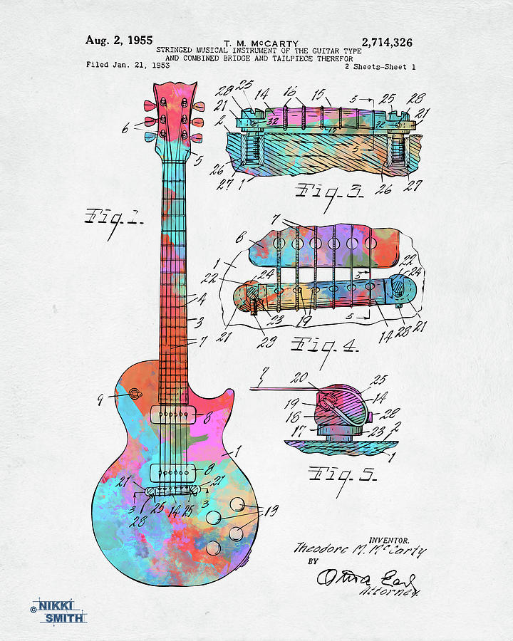 Colorful 1955 McCarty Gibson Les Paul Guitar Patent Artwork Digital Art by Nikki Marie Smith